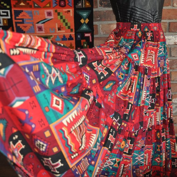 Vtg 80s Sherry Holt Desert West Multi Color Southwestern Tiered Skirt XS-S - Picture 2 of 6